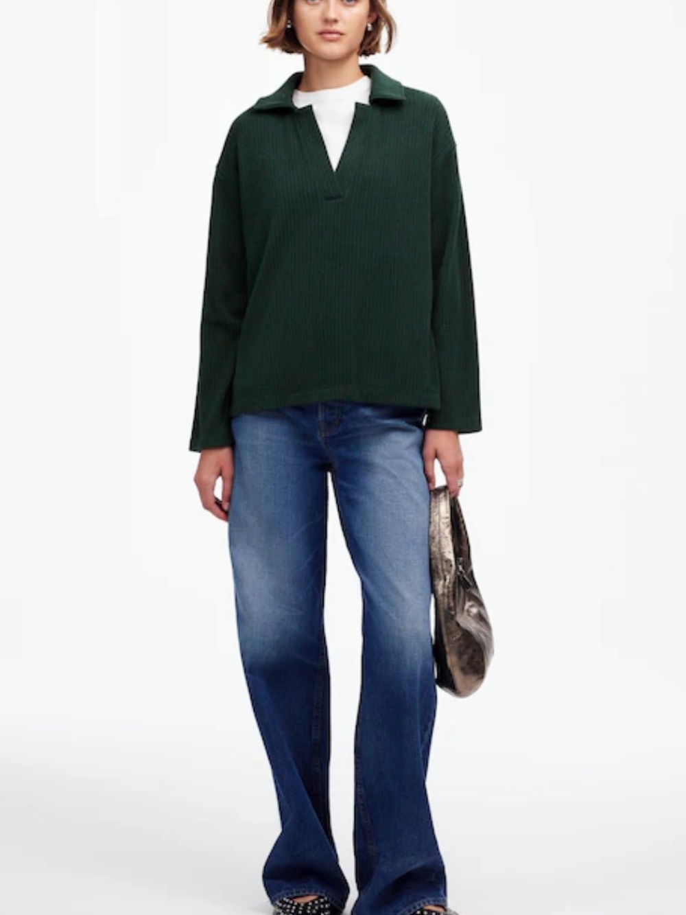 Madewell Relaxed Long Sleeve Polo Top Sweater M Heather Green